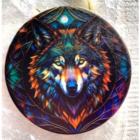 New Ceramic Stained Glass Look Double Sided Wolf Ornament with Hanging Ribbon - Picture 2 of 2